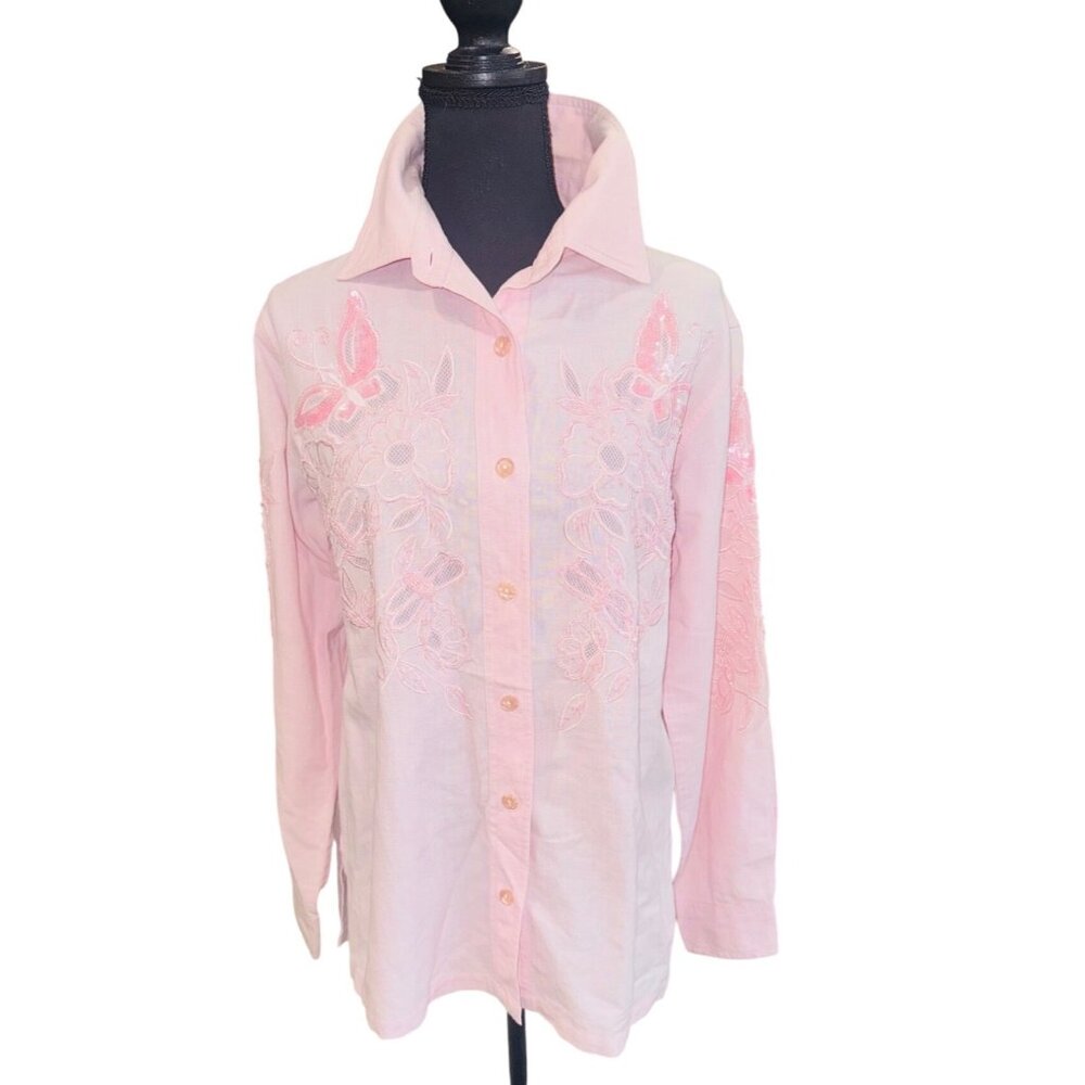 VTG Western Quacker Factory Pink Cut Out Sequin Shirt Butterfly Coastal Cowgirl